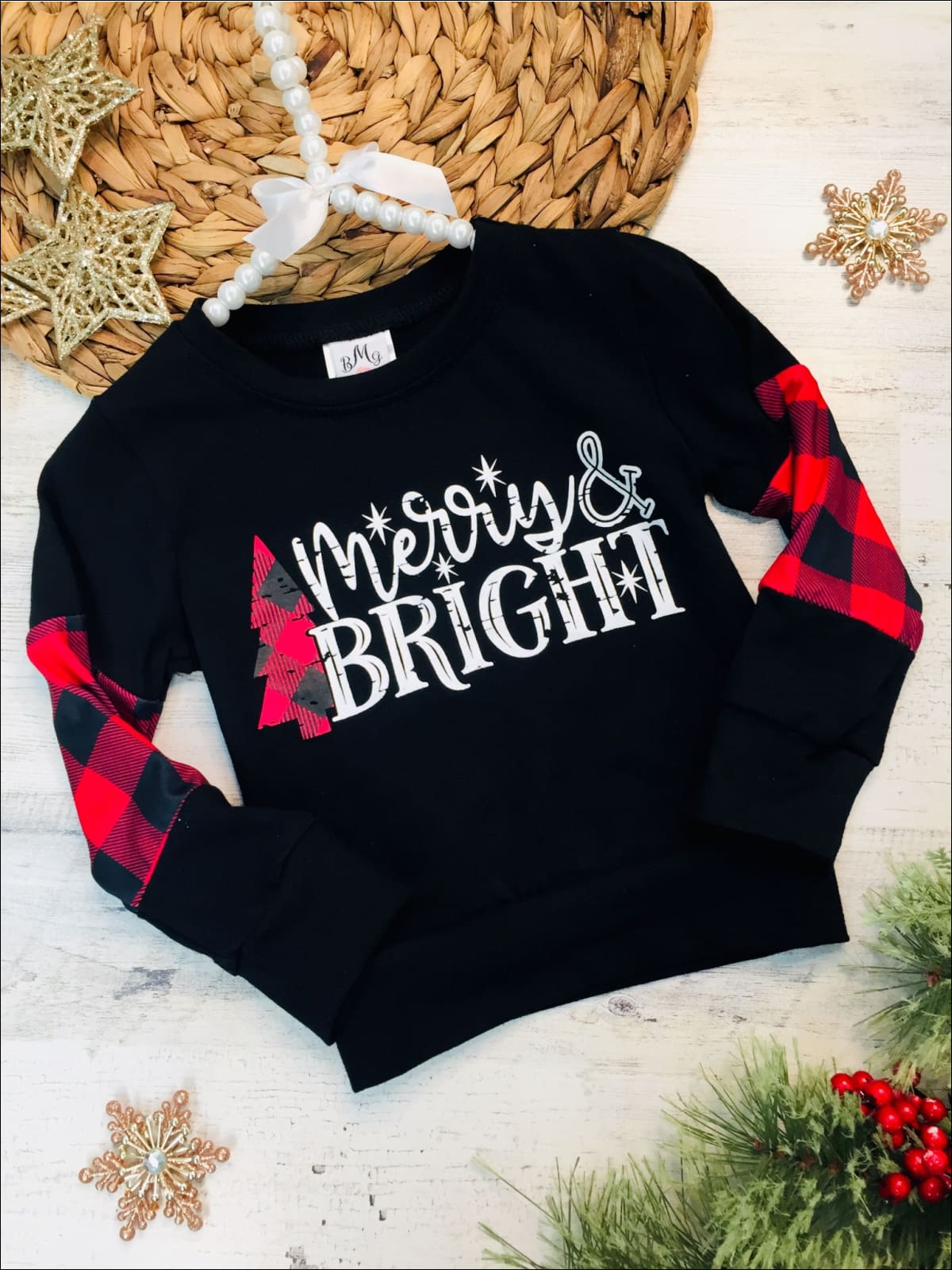 Girls Merry and Bright Plaid Color Block Top - Black / 2T - Girls Christmas Top