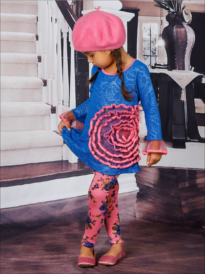 Girls Mesh Flower Ruffled Tunic & Floral Leggings Set - Girls Spring Dressy Set