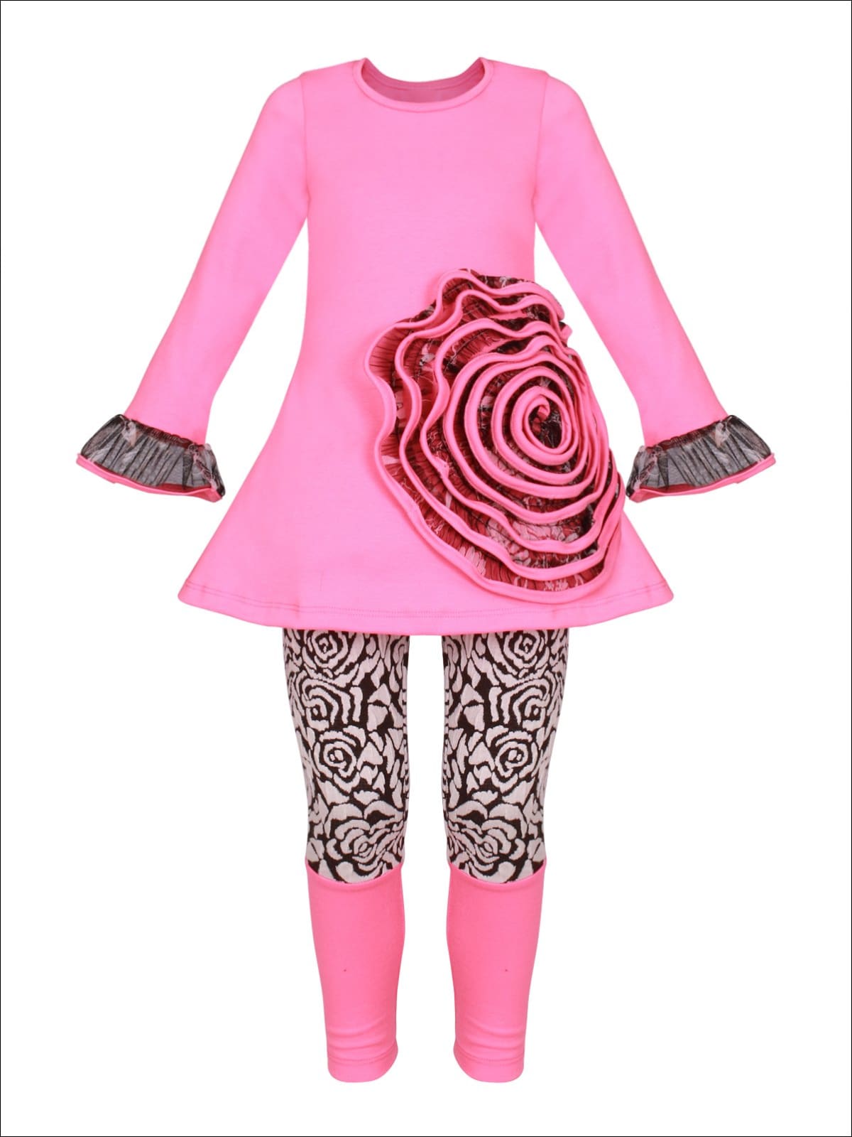 Girls Mesh Flower Ruffled Tunic & Floral Leggings Set - Fuchsia / 2T/3T - Girls Spring Dressy Set