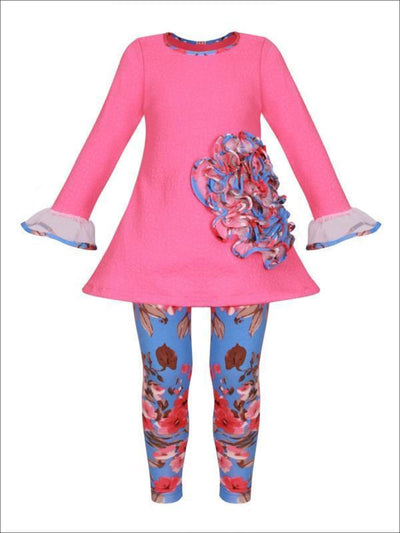 Girls Mesh Flower Ruffled Tunic & Floral Leggings Set - Pink / 2T/3T - Girls Spring Dressy Set