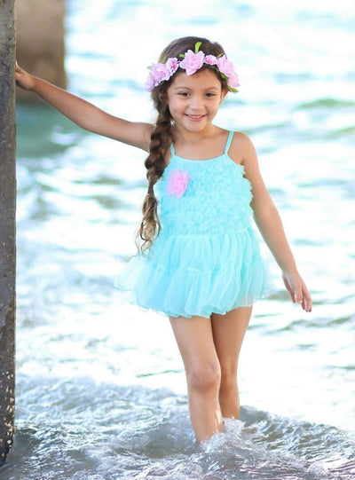 Girls Mesh Ruffled One Piece Swimsuit with Contrast Flower - Blue / 2T/3T - Girls One Piece Swimsuit