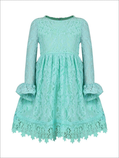 Girls Mint A-Line Floral Lace Flared Long Sleeve Dress - Girls Spring Dressy Dress