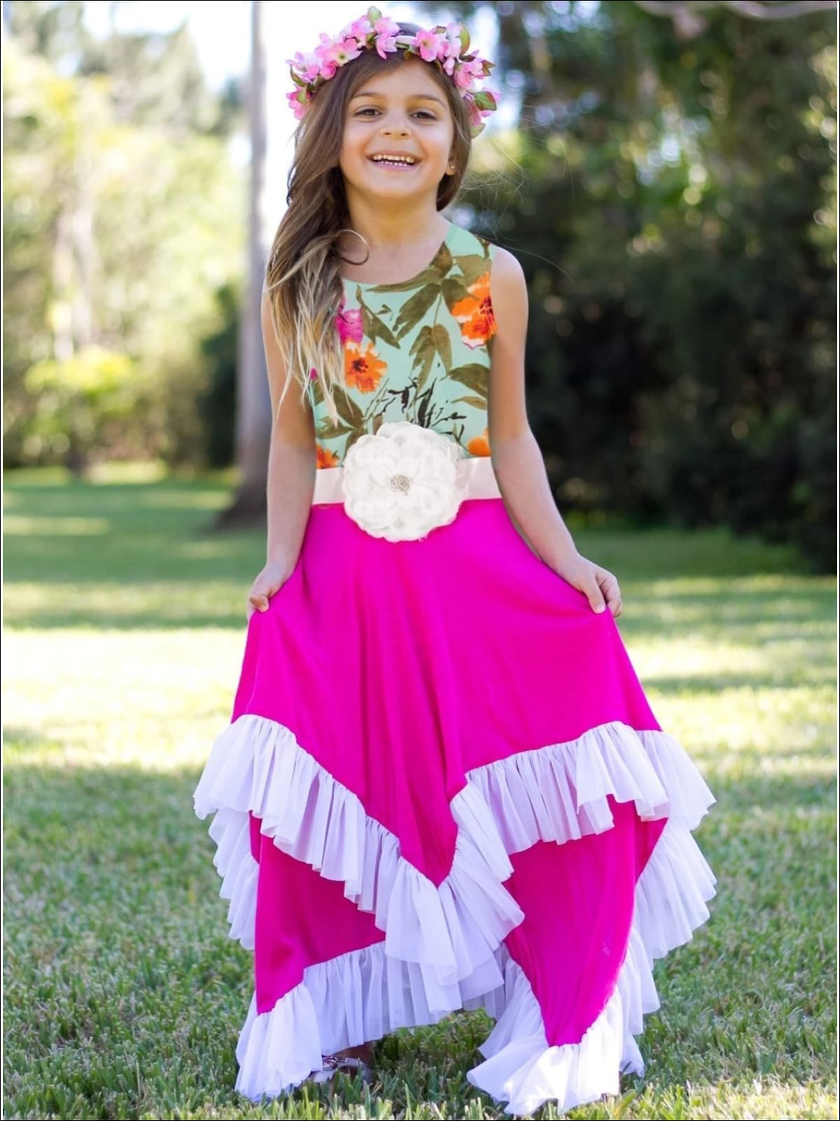 Girls Mint Floral & Fuchsia Handkerchief Dress - Floral/Fuchsia / 2T/3T - Girls Spring Dressy Dress