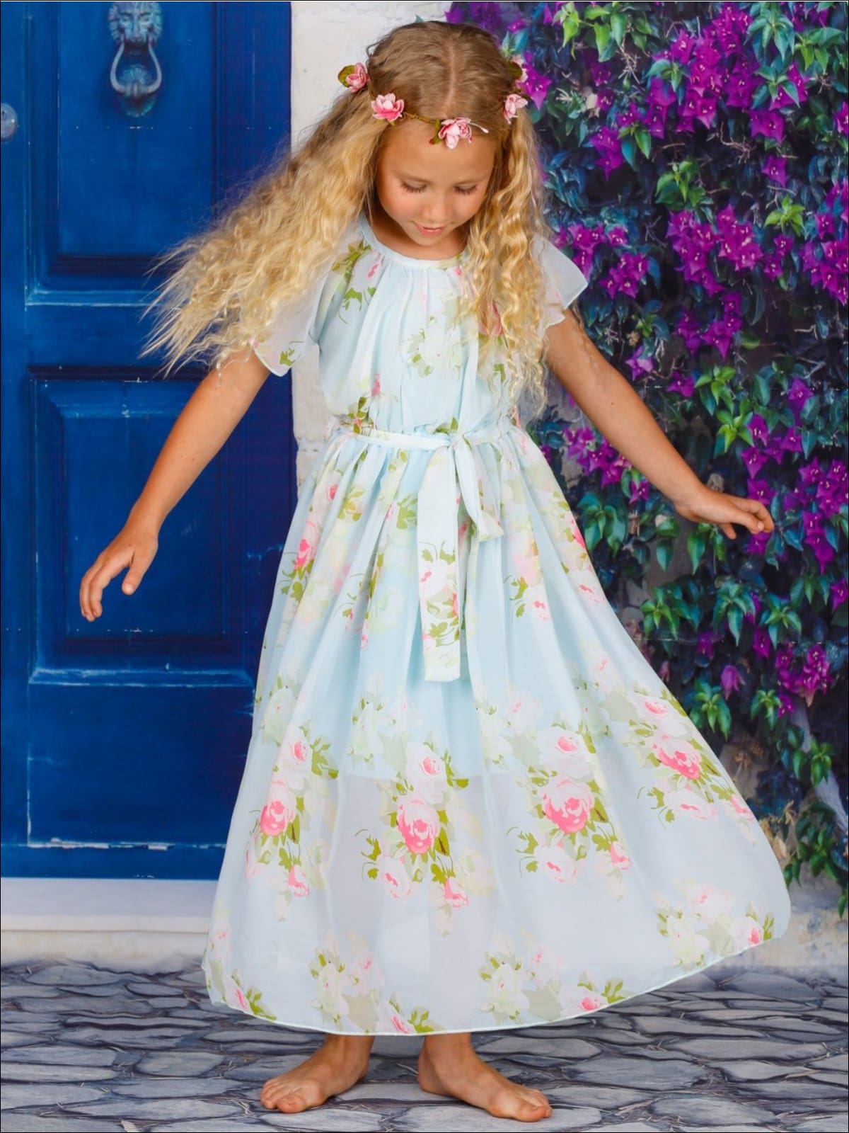 Girls Mint Floral Maxi Dress With Sash - Girls Spring Dressy Dress