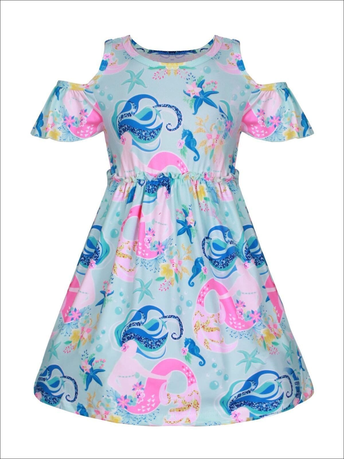 Girls Mint Mermaid Print A-Line Cold Off the Shoulder Dress - Girls Spring Casual Dress