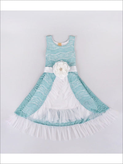 Girls Mint/White Taffeta Mesh Princess Dress with Flower Belt - Girls Princess dress