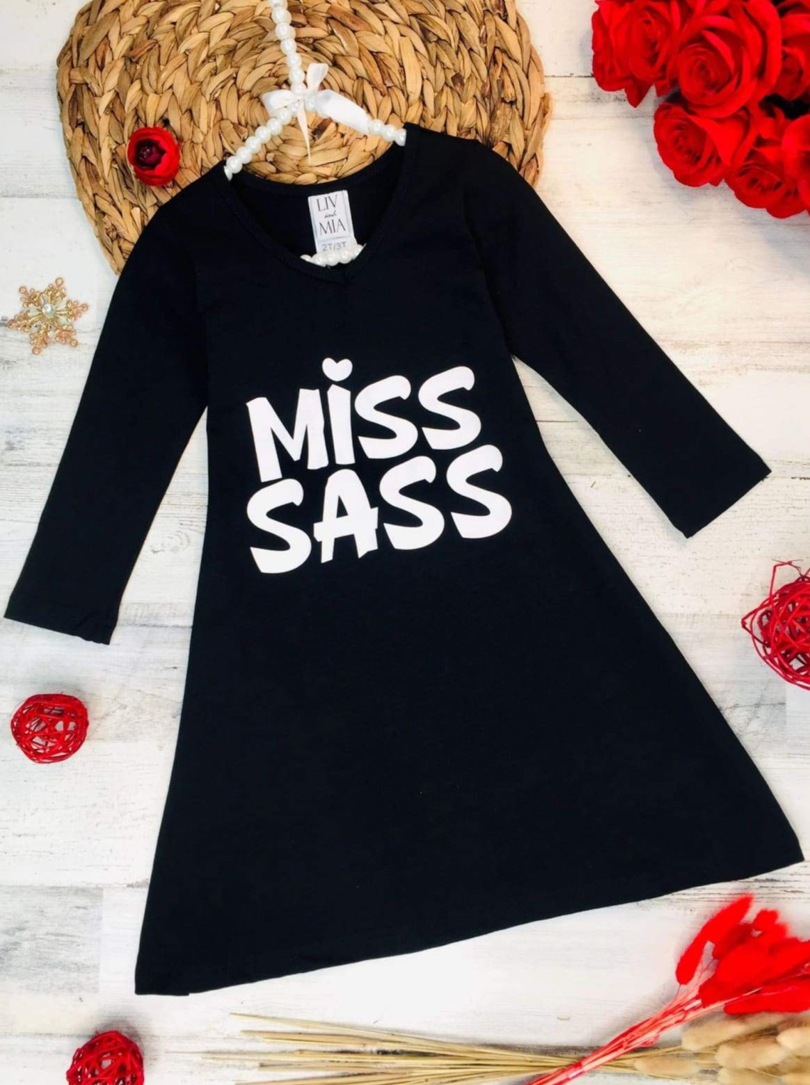 Girls "Miss Sass" Long Sleeve V-Neck Graphic Statement Dress