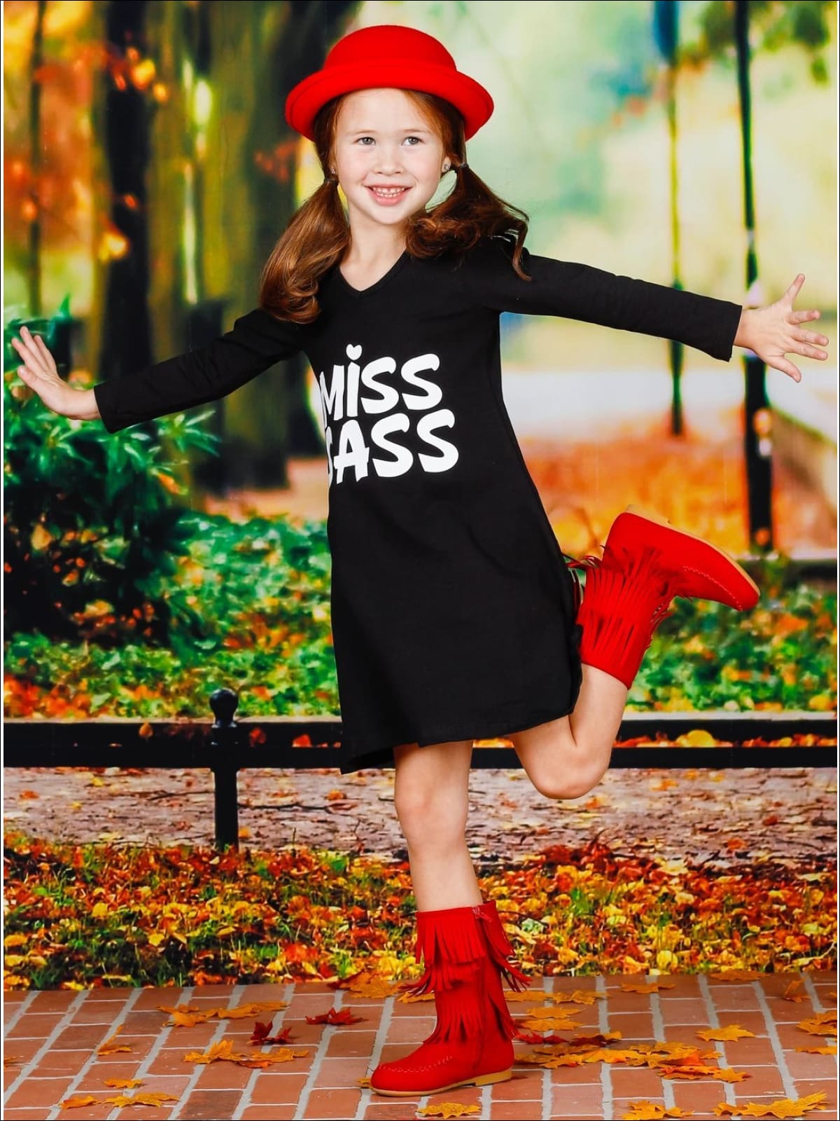 Girls Miss Sass Long Sleeve V-Neck Graphic Statement Dress - Girls Fall Casual Dress