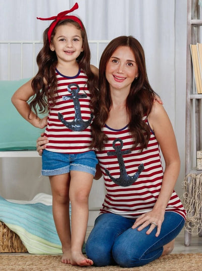 Mommy & Me Tops | Striped Sequin Anchor Tank Top |  Mia Belle Girls