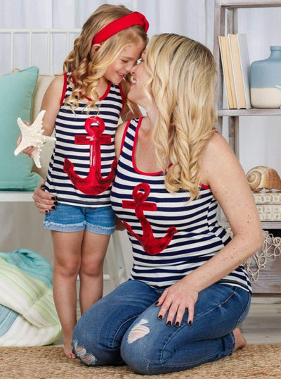 Girls Mommy & Me Striped Sequin Anchor Applique Tank Top - Mommy & Me Top