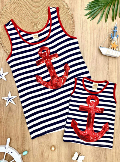Girls Mommy & Me Striped Sequin Anchor Applique Tank Top - Navy / 6MOS-9MOS - Mommy & Me Top