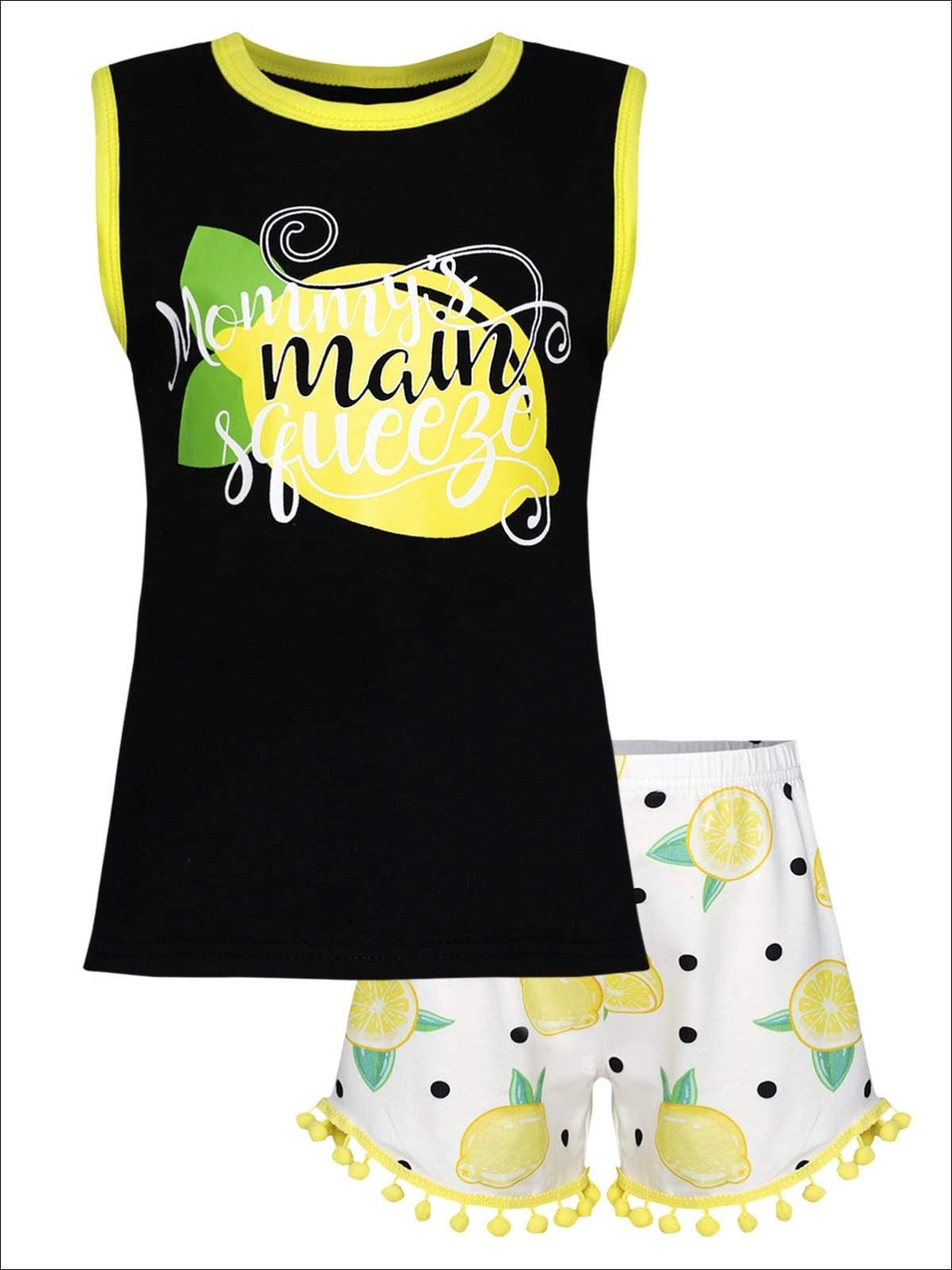 Girls Mommys Main Squeeze Tank & Polka Dot Lemon Print Pom Pom Shorts Set - Girls Spring Casual Set