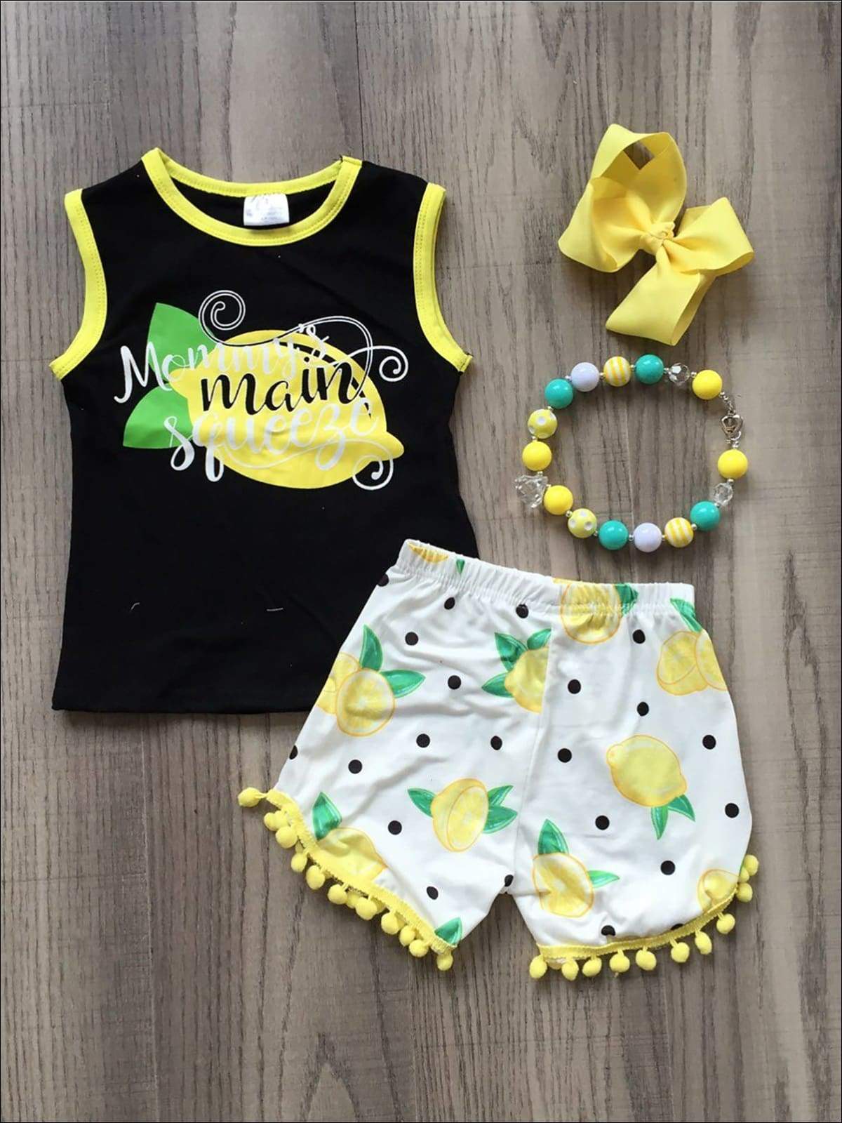 Girls Mommys Main Squeeze Tank & Polka Dot Lemon Print Pom Pom Shorts Set - Yellow / S-3T - Girls Spring Casual Set
