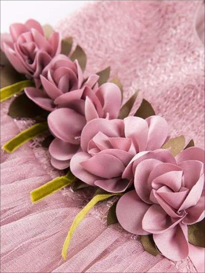 Girls Formal Dresses | Sleeveless Pink Flower Trim Hi-Lo Tulle Dress