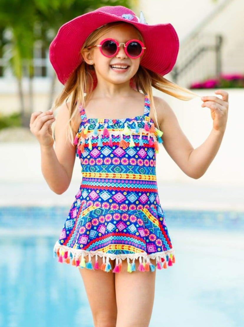 Girls Multicolor Geo Print Tasseled Skirted Bottom Two Piece & One Piece Swimsuit (2 Options) - Girls Two Piece Swimsuit