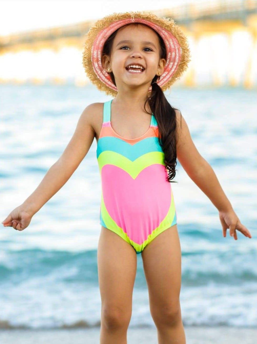 Girls Multicolor Heart Criss Cross One Piece Swimsuit with Back Bow - Pink / 2T/3T - Girls One Piece Swimsuit