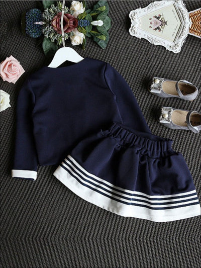 Girls Navy Blue/Creme Preppy Cardigan & Skirt Set - Girls Fall Dressy Set