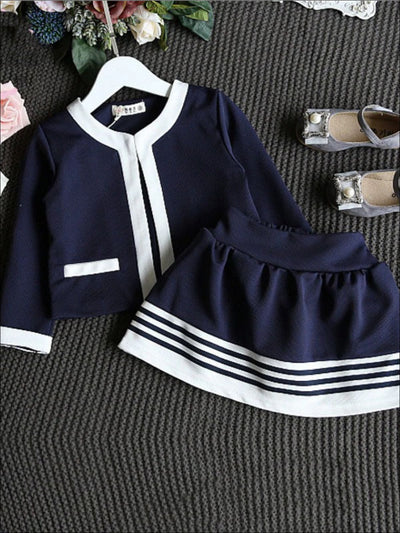 Girls Navy Blue/Creme Preppy Cardigan & Skirt Set - Girls Fall Dressy Set