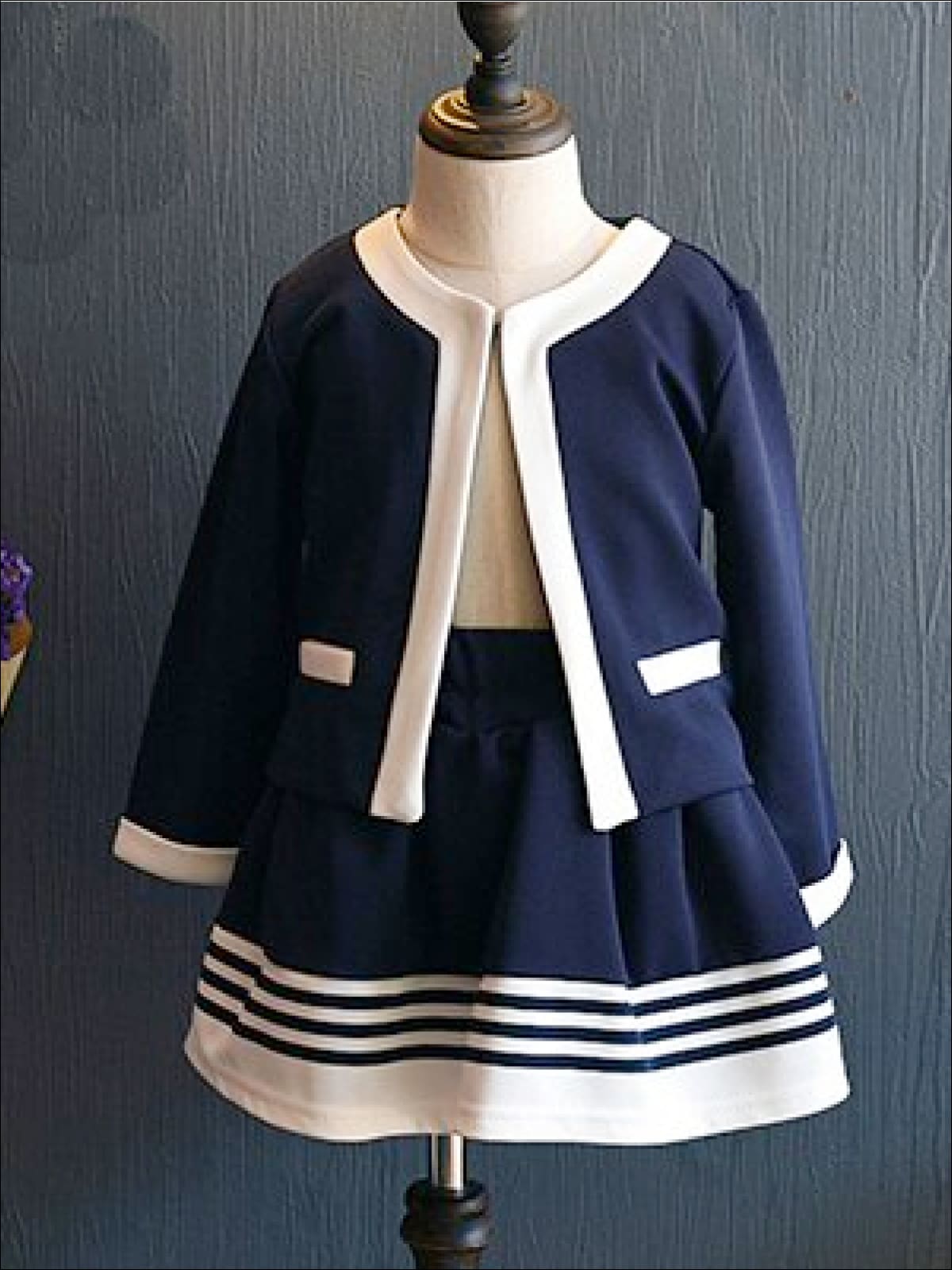 Girls Navy Blue/Creme Preppy Cardigan & Skirt Set - Navy Blue / 5 - Girls Fall Dressy Set