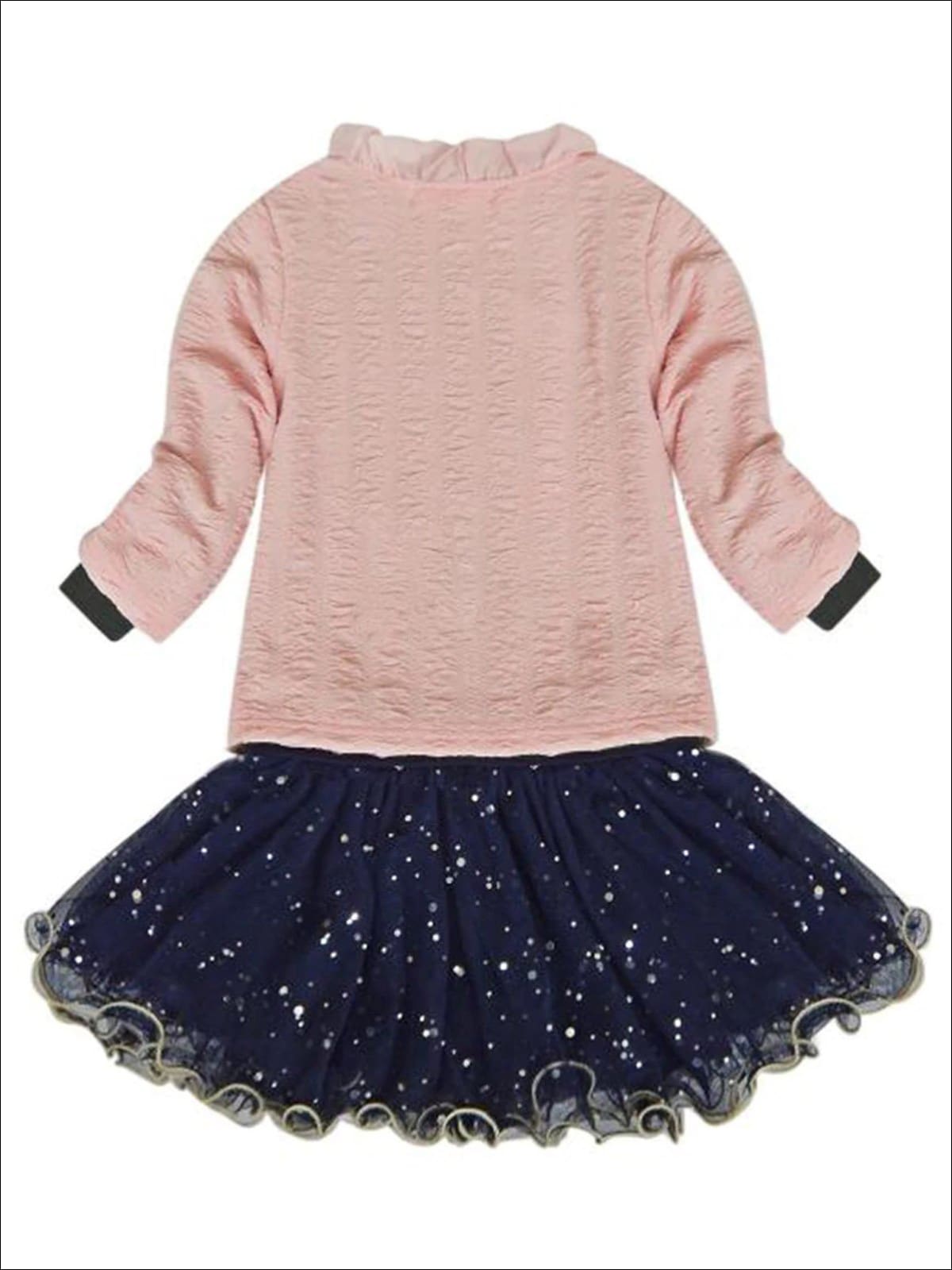 Girls Navy Long Sleeve Top With Sequin Tutu Bow Skirt & Pink Embellished Cardigan Set - Girls Fall Dressy Set