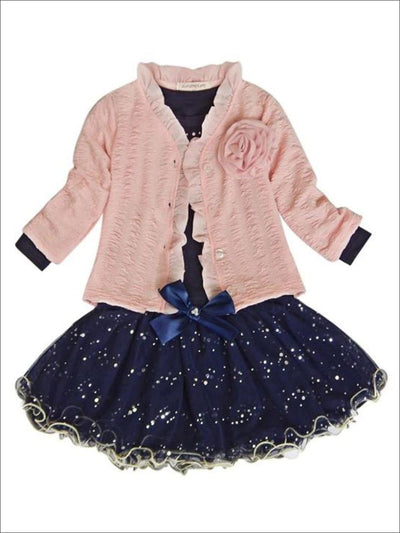 Girls Navy Long Sleeve Top With Sequin Tutu Bow Skirt & Pink Embellished Cardigan Set - Blue & Pink / 2T - Girls Fall Dressy Set