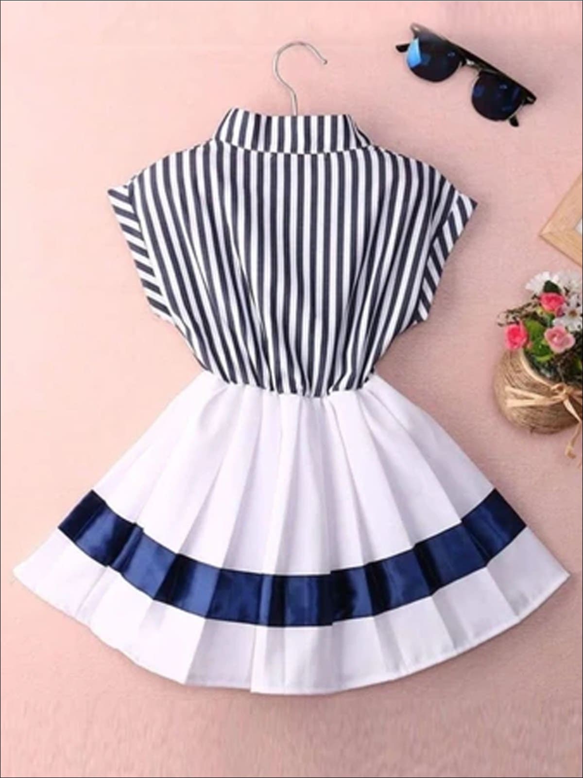 Girls Navy Nautical Striped Pleated Skirted Dress - Girls Spring Casual Dress