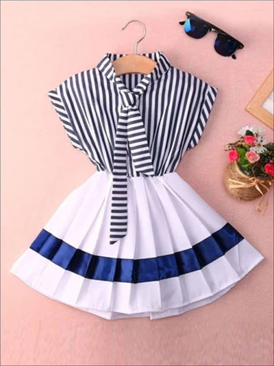 Girls Navy Nautical Striped Pleated Skirted Dress - Multi / 2T - Girls Spring Casual Dress
