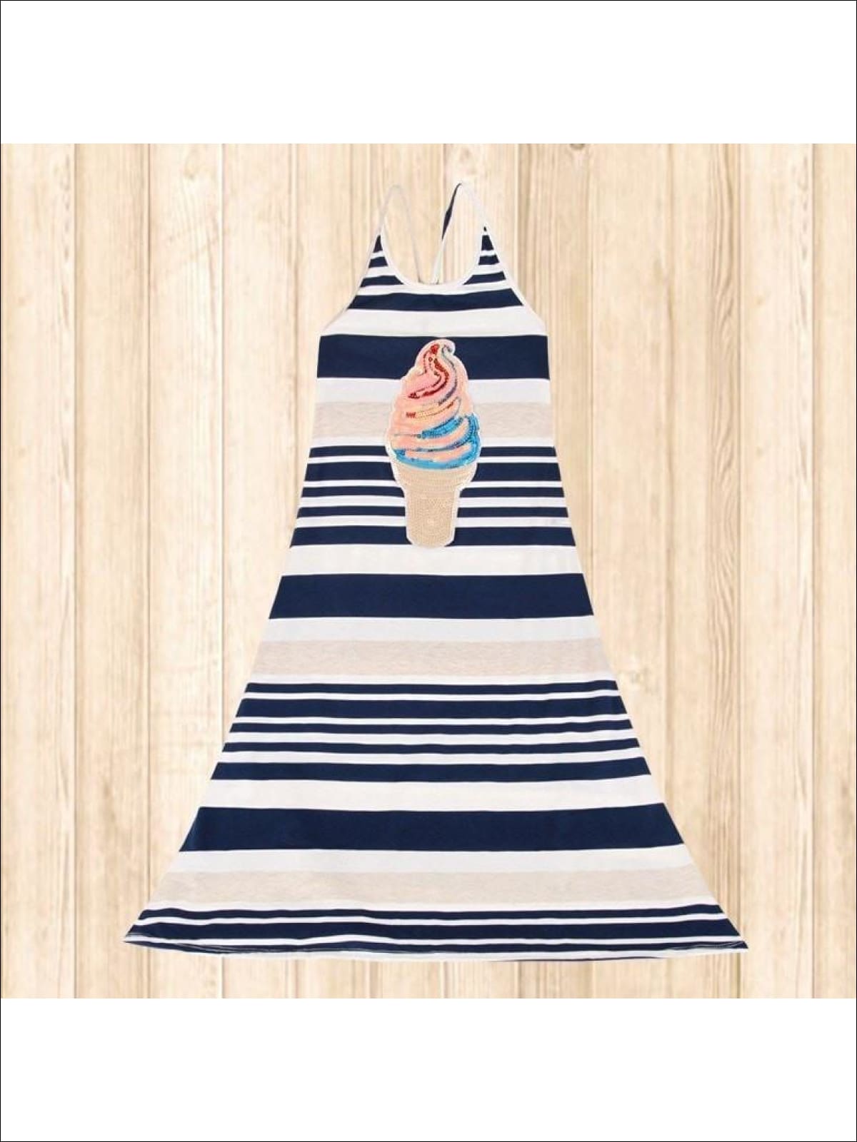 Girls Navy & Oatmeal Striped Ice Cream Applique Maxi Dress - Girls Maxi Dress 4th of July Dress