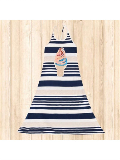 Girls Navy & Oatmeal Striped Ice Cream Applique Maxi Dress - Girls Maxi Dress 4th of July Dress