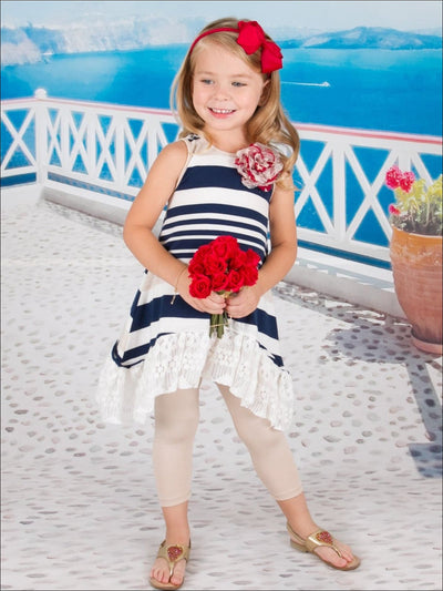Girls Navy Oatmeal Striped Side Tail Ruffle Hem Flower Trim Tunic & Capri Leggings Set - Girls Spring Casual Set