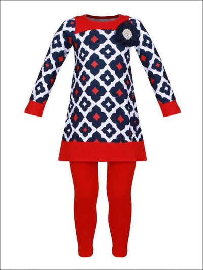 Girls Navy Red & Creme Medallion Print Long Sleeve Side Slit Tunic & Matching Leggings Set - Red / 2T/3T - Girls Fall Casual Set