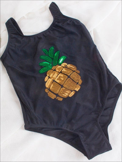 Girls Navy Sequined Pineapple Applique One Piece Swimsuit - Navy / 7Y - Girls One Piece Swimsuit