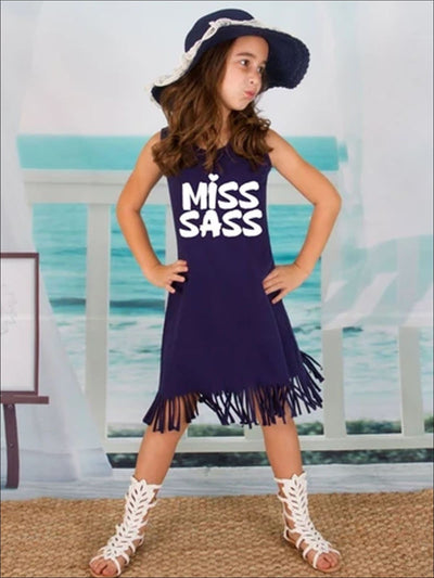 Girls Navy Sleeveless Miss Sass Graphic Fringe Dress - Girls Spring Casual Dress