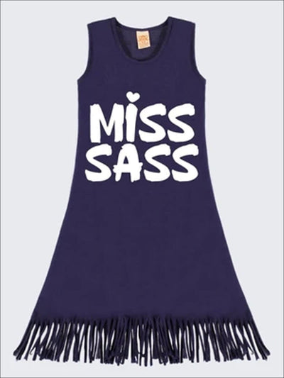 Girls Navy Sleeveless Miss Sass Graphic Fringe Dress - 2T/3T / Navy Blue - Girls Spring Casual Dress