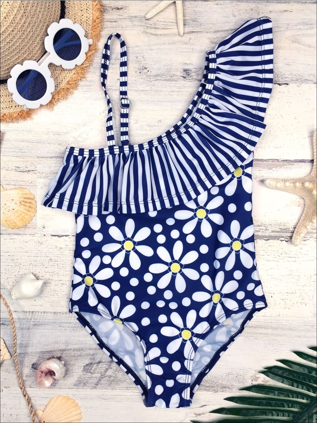 Kids Swimsuits | Girls Navy Striped Ruffle Floral One Piece Swimsuit