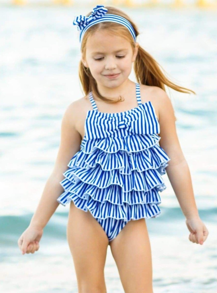 Girls Navy Striped Tiered Ruffled One Piece Swimsuit with Bow & Matching Headband - Girls One Piece Swimsuit