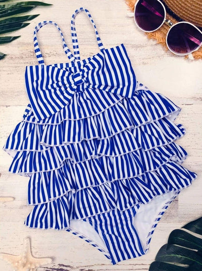 Girls Navy Striped Tiered Ruffled One Piece Swimsuit with Bow & Matching Headband - Navy / 2T - Girls One Piece Swimsuit
