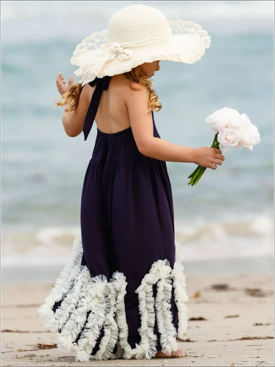 Girls Navy & White Halter Ruffled Mesh Bottom Hi-Lo Dress - Girls Spring Casual Dress