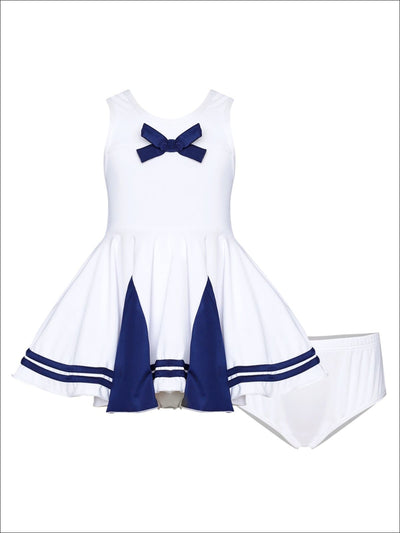 Girls Navy & White Nautical Skirted Two Piece Swimsuit with Bow - White / 2T/3T - Girls Two Piece Swimsuit