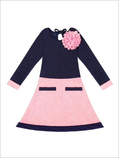 Girls Navy/Pink A-Line Tweed Dress With Faux Pockets - Girls Fall Casual Dress