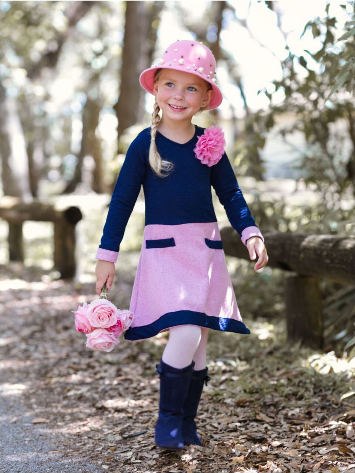 Girls Navy/Pink A-Line Tweed Dress With Faux Pockets - Girls Fall Casual Dress