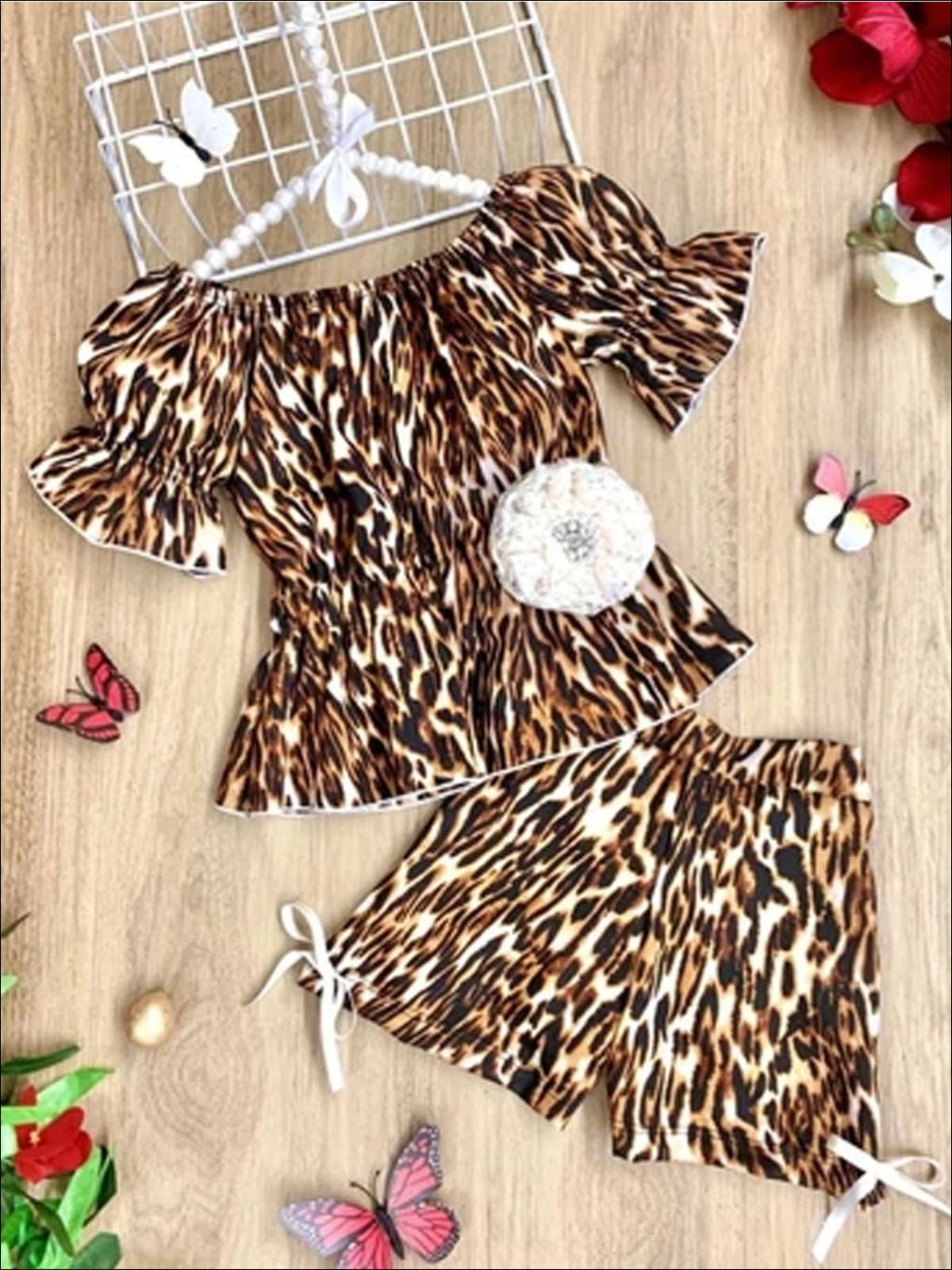 Girls Spring Outfits | Animal Print Boho Ruffle Sleeve & Shorts Set