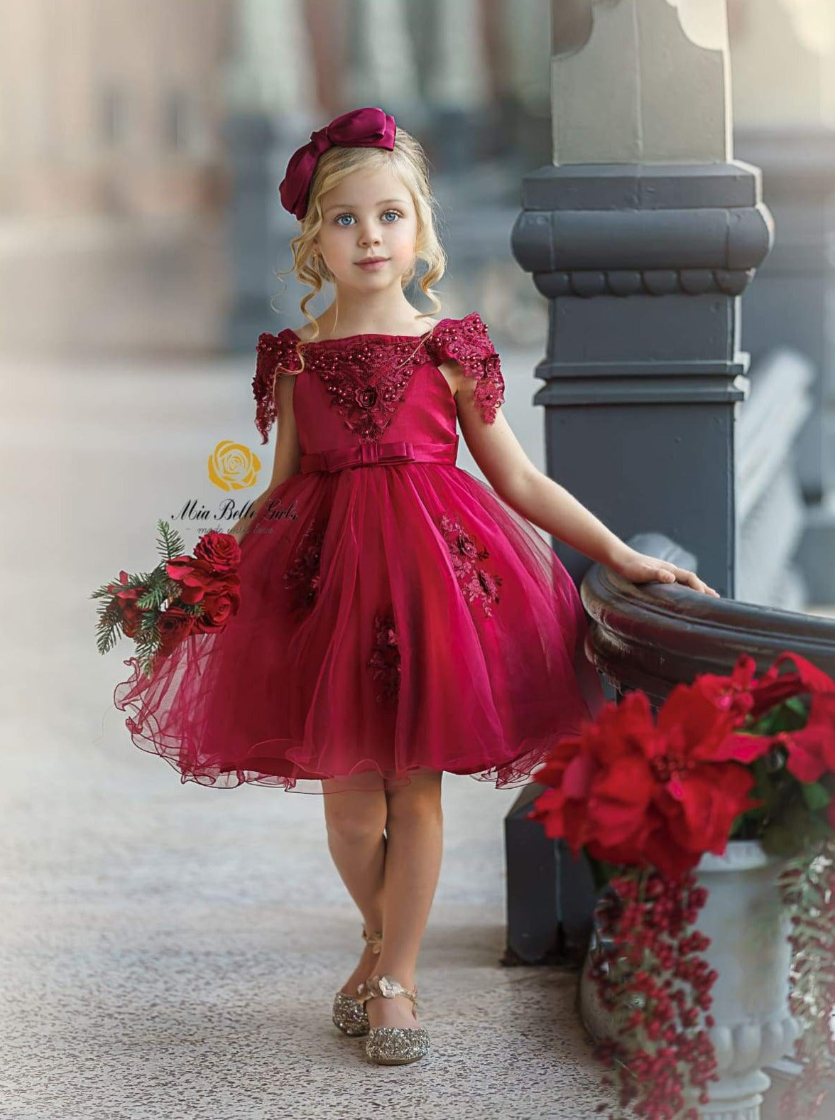 Girls Christmas Dresses | Off Shoulder Lace Applique Holiday Dress