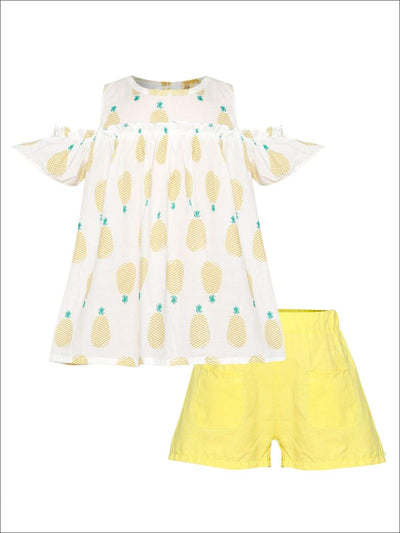 Girls Off Shoulder Pineapple Print Tunic & Shorts Set ( 2 Color Options) - Girls Spring Casual Set
