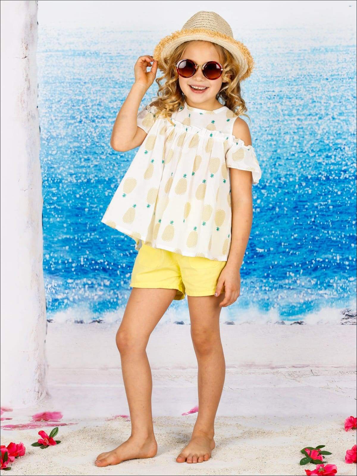 Girls Off Shoulder Pineapple Print Tunic & Shorts Set ( 2 Color Options) - Yellow / 2T - Girls Spring Casual Set