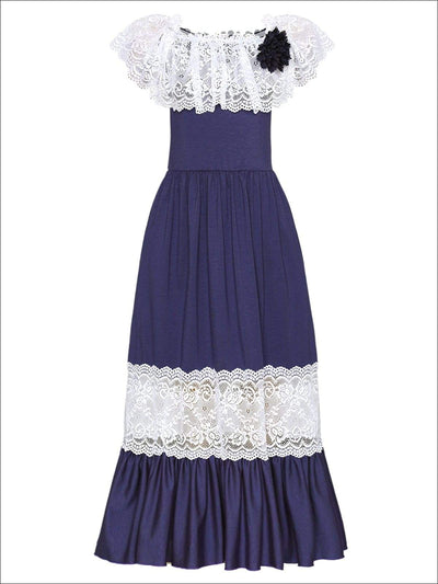 Girls Off the Shoulder Lace Ruffle & Insert Maxi Dress with Flower Clip - Navy / 2T/3T - Girls Spring Dressy Dress