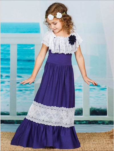 Girls Off the Shoulder Lace Ruffle & Insert Maxi Dress with Flower Clip - Girls Spring Dressy Dress