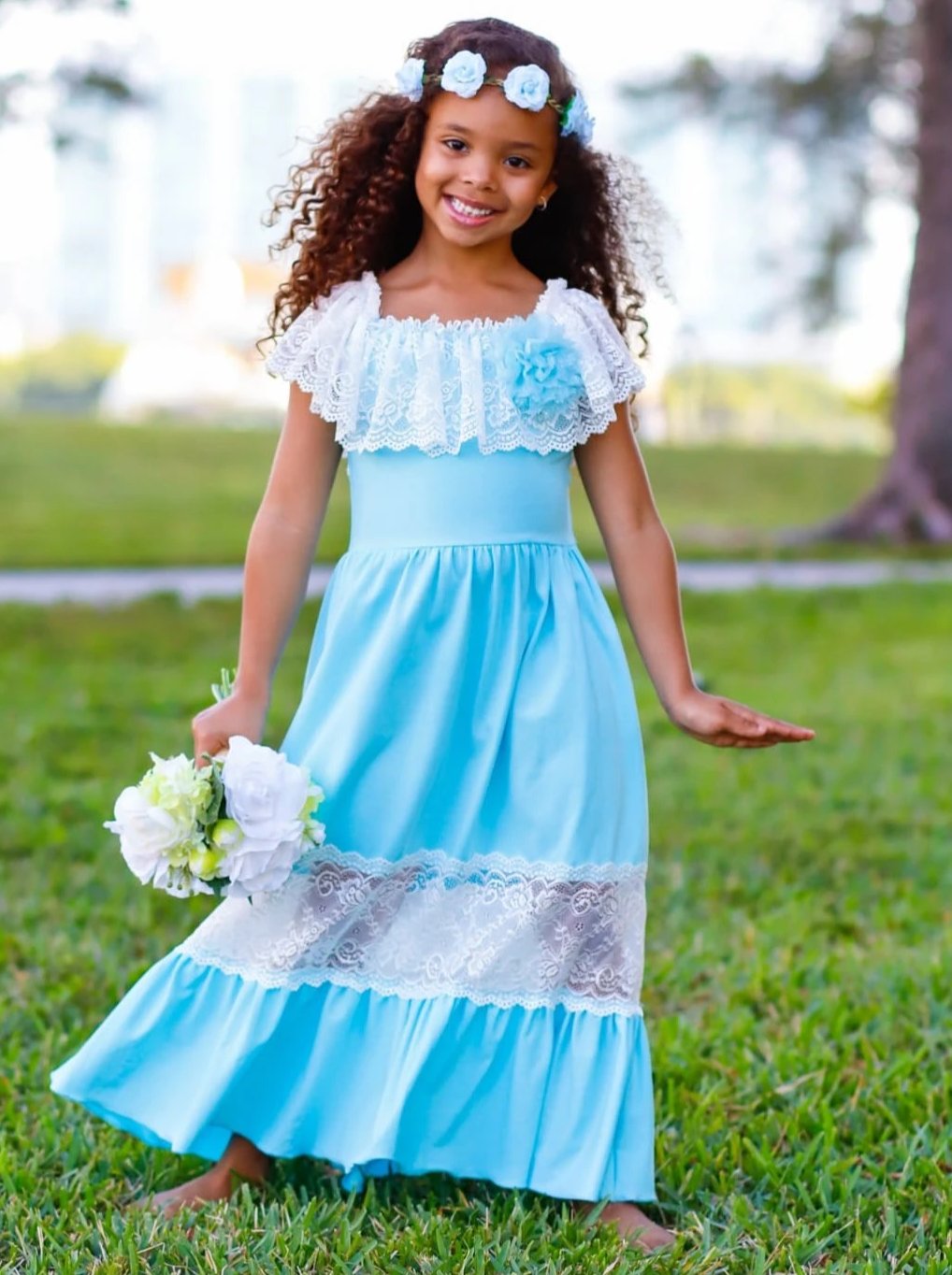Mia Belle Girls Off the Shoulder Lace Ruffle & Insert Maxi Dress with ...
