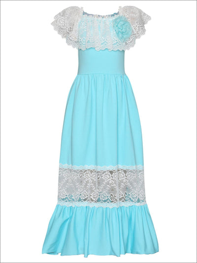 Girls Off the Shoulder Lace Ruffle & Insert Maxi Dress with Flower Clip - Mint / 2T/3T - Girls Spring Dressy Dress