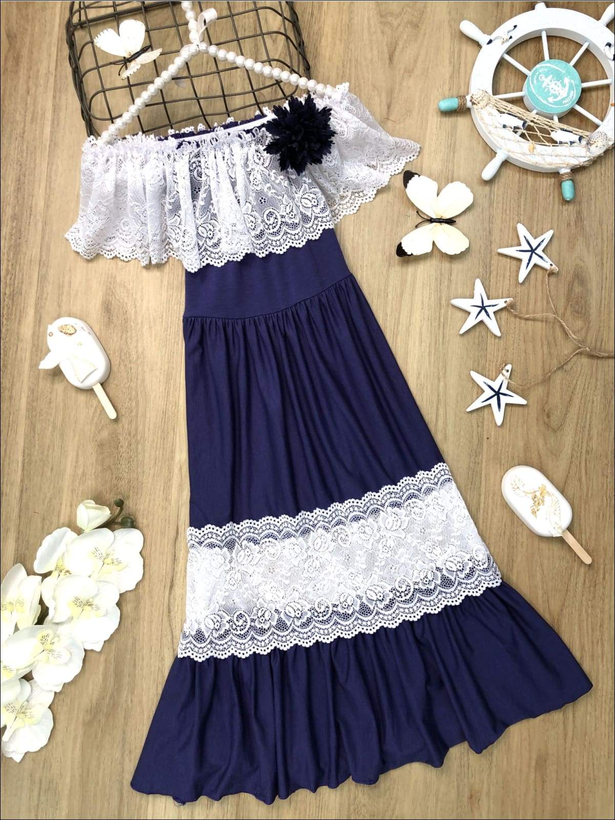 Girls Off the Shoulder Lace Ruffle & Insert Maxi Dress with Flower Clip - Girls Spring Dressy Dress